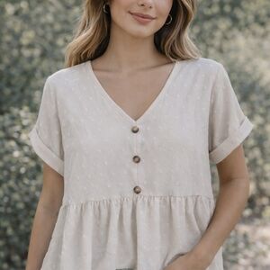 SHEIN Cream Button-Front V-Neck Peplum Blouse